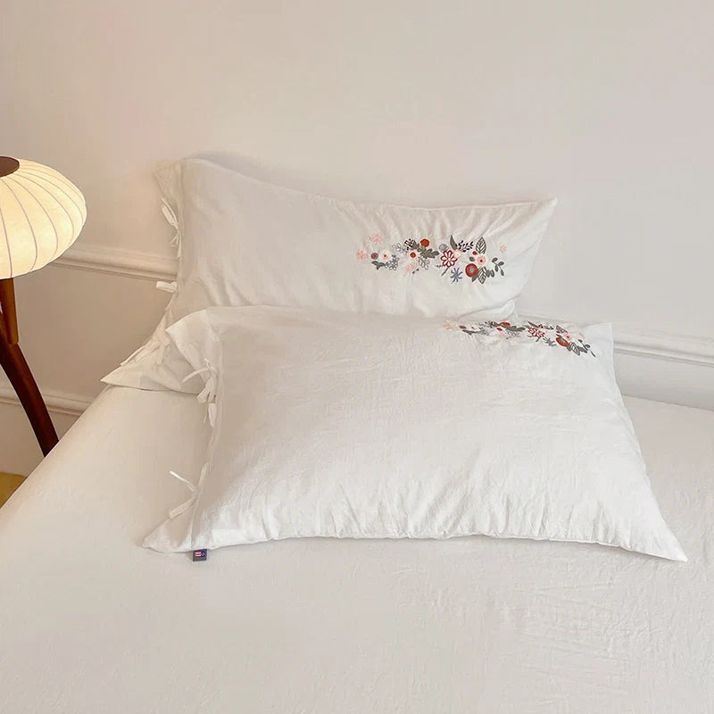 Vintage Floral Embroidered Lace-Up White Bedding Set