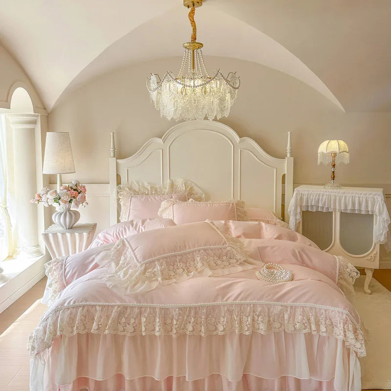 100% Cotton French Princess Bedding Set, Ruffle Bed Skirt Duvet Cover Set with Faux Pearl Lace Trim, Queen King Size Bed Linen
