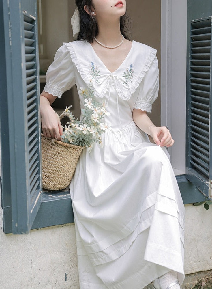 Heidi Flower Embroidered White Cottagecore Dress