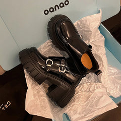 cowhide Platform Single shoe round toe Chunky Heel
