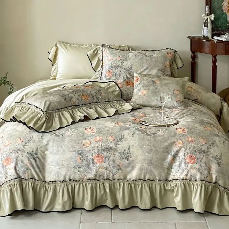 Premium 1000TC Egyptian Cotton Flowers Print Ruffles Princess Bedding Set