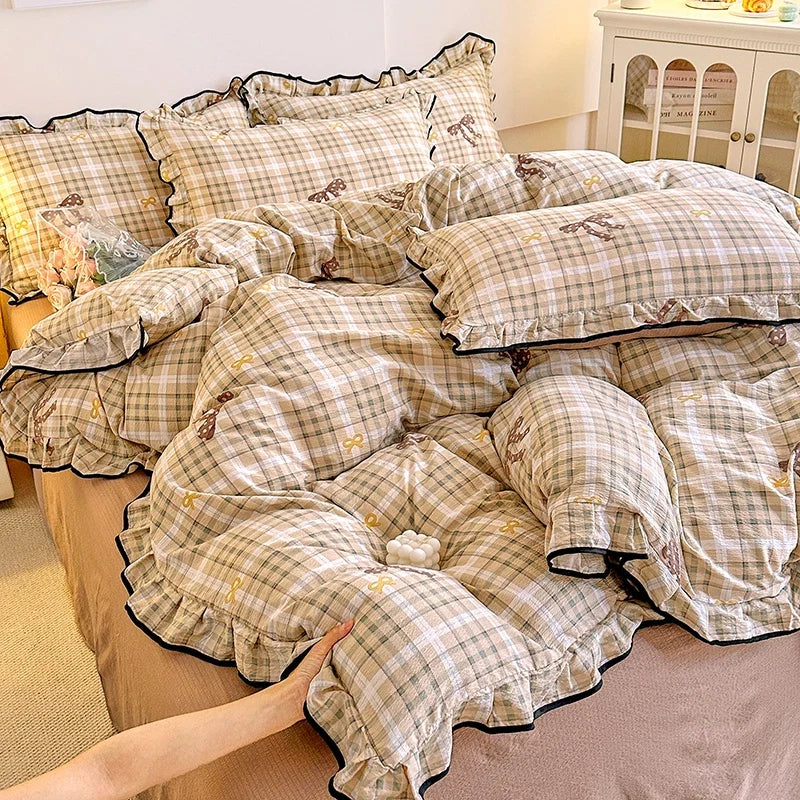 Heart Print Duvet Cover Set Princess Style Lace Ruffles Bedding Set