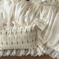 4Pcs Vintage French Pure Cotton Rose Print Pleated Lace Ruffles Bedding Set