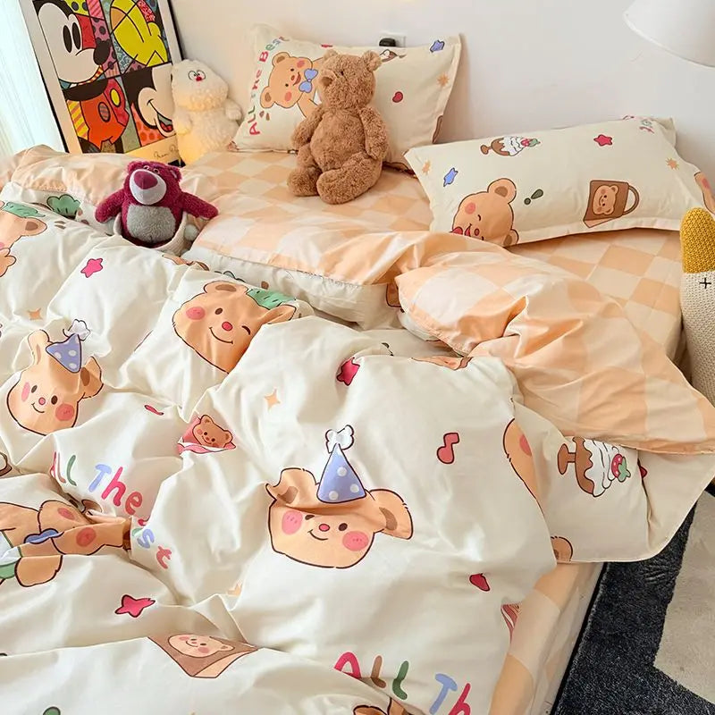 Kawaii Duvet Cover Set Ins Style Soft Touch Double Queen Size Flat Sheet Pillowcase Home Hotel Decor Bedding Set