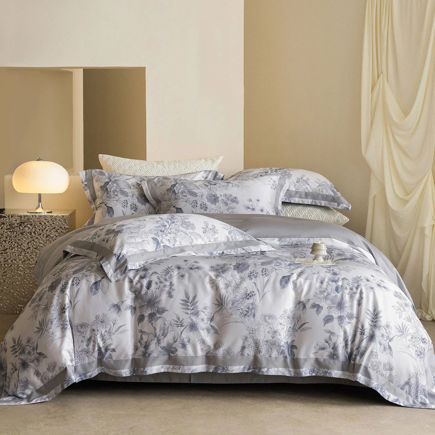 Luxury 600TC Lyocell Cotton Bedding Set, Floral Print Duvet Cover Set with Pillowcases, Soft Silky Bed Sheet/Fitted Sheet 4Pcs