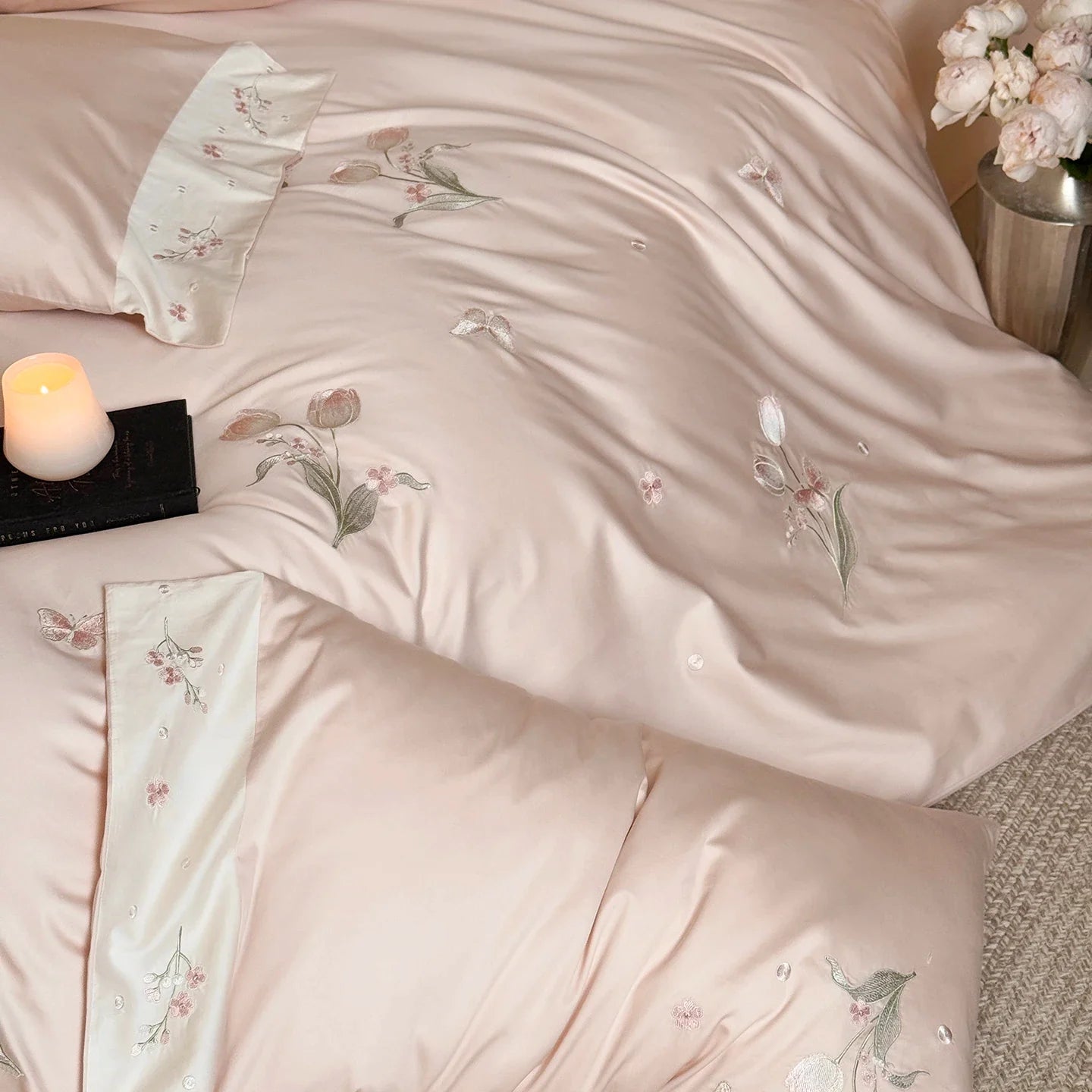 Pink Tulip Flowers Embroidery Luxury Bedding Set