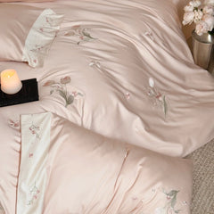 Pink Tulip Flowers Embroidery Luxury Bedding Set