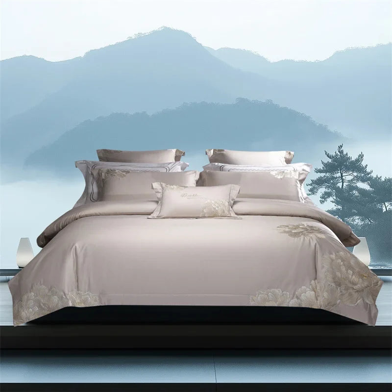 1000TC Egyptian Cotton Chinese Style Flowers Embroidery Luxury Bedding Set