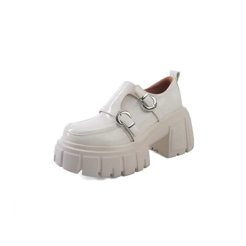 cowhide Platform Single shoe round toe Chunky Heel