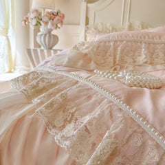 100% Cotton French Princess Bedding Set, Ruffle Bed Skirt Duvet Cover Set with Faux Pearl Lace Trim, Queen King Size Bed Linen