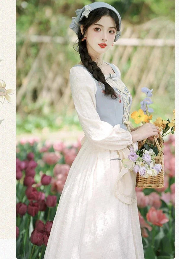 Strawberry Garden 3-Piece Set Cottagecore Dress with Head Scarf