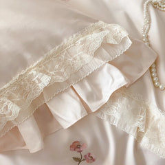 Pink Flowers Embroidery Lace Ruffles Bedding Set