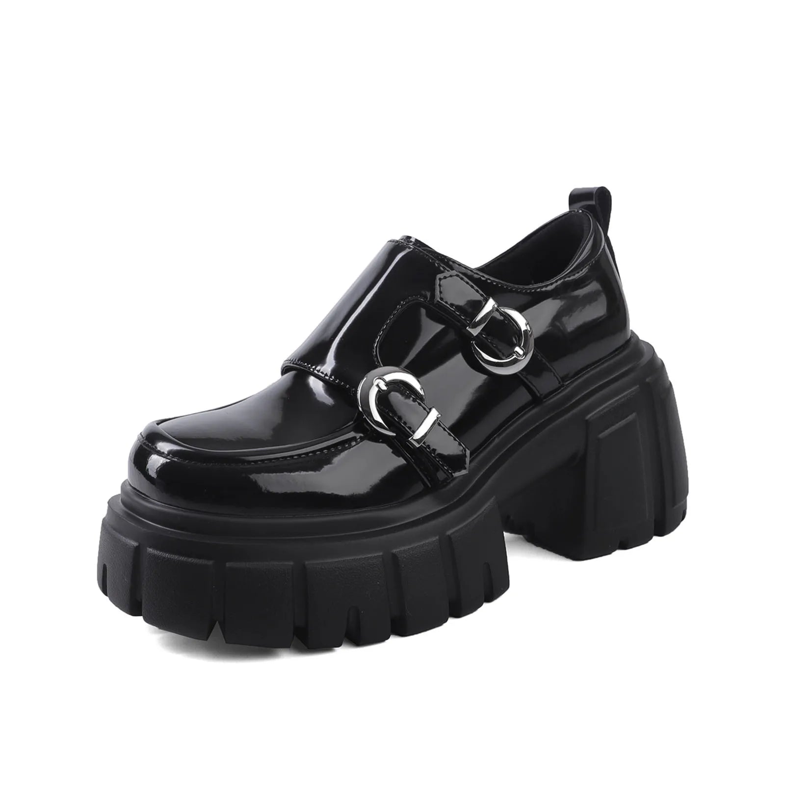 cowhide Platform Single shoe round toe Chunky Heel