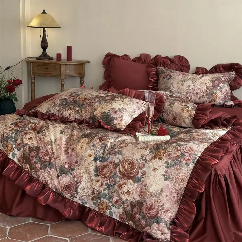 1000TC Egyptian Cotton Vintage French Rose Flowers Print Lace Ruffles Bedding Set