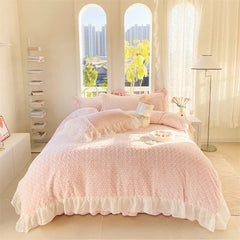 Pink Rose Flowers Short Plush Lace Ruffles Princess Bedding Set