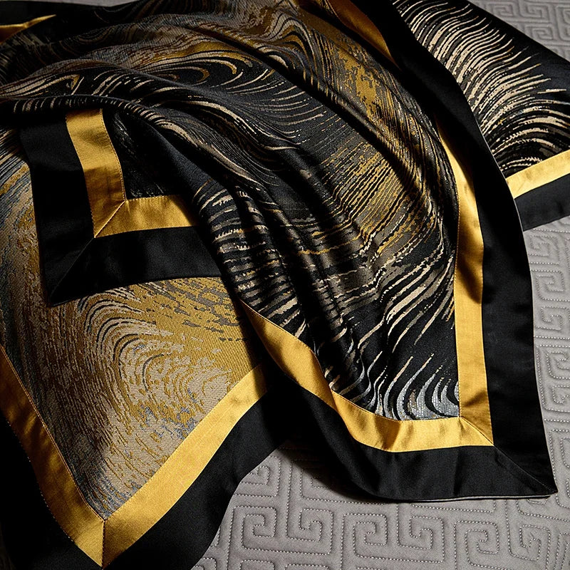 4Pcs Luxury Black Gold Brocade Jacquard Egyptian Cotton Patchwork Bedding Set