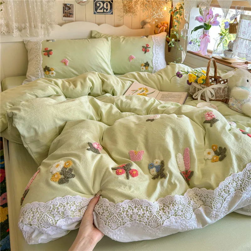 3/4Pcs Korean Princess Style Floral Embroidered Towel Bedding Set