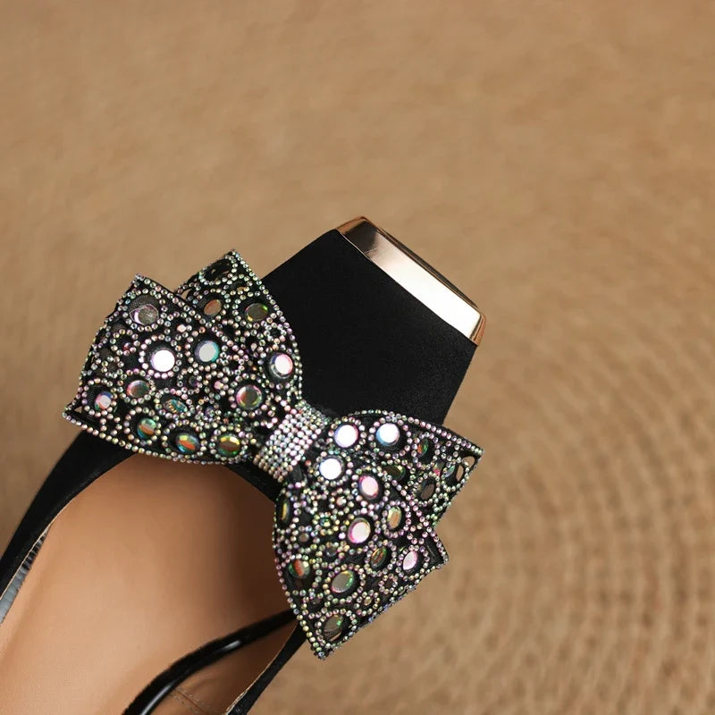 metal square head sheep suede colored bow elastic high Heels