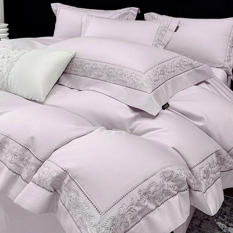 600TC Egyptian Cotton Bedding Set, Luxury Embroidery Duvet Cover with Pillowcases, Flat/Fitted Bed Sheet for Home Hotel, 4Pcs
