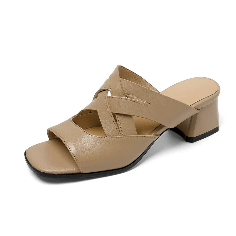 Leather Cowhide Round Head Hollow Breathable Mid Heel