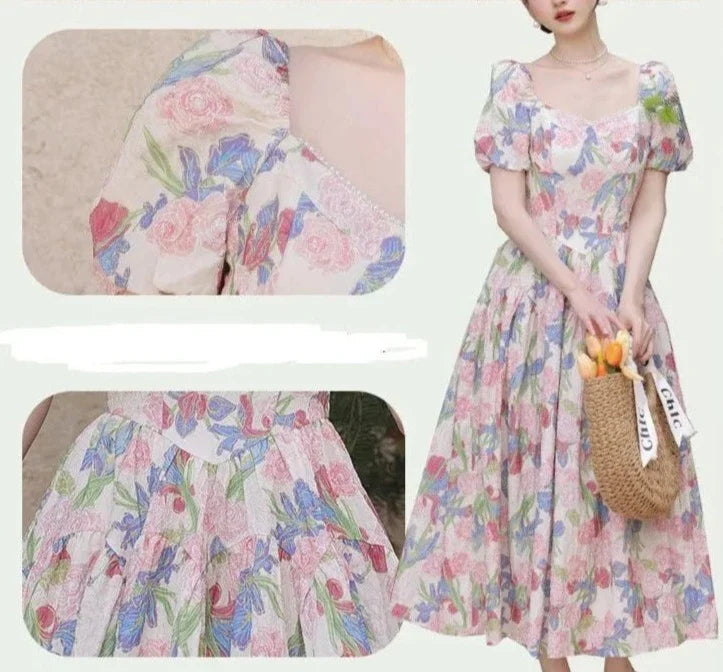 Dalila Floral Pearl Decorated Vintage-Inspired Dress