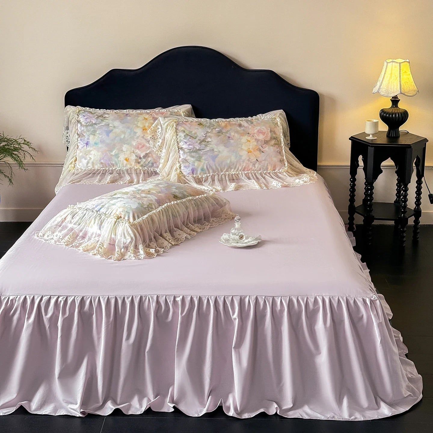 100% Cotton Lace Ruffle Bed Skirt Set Vintage Floral Print Bedding Set