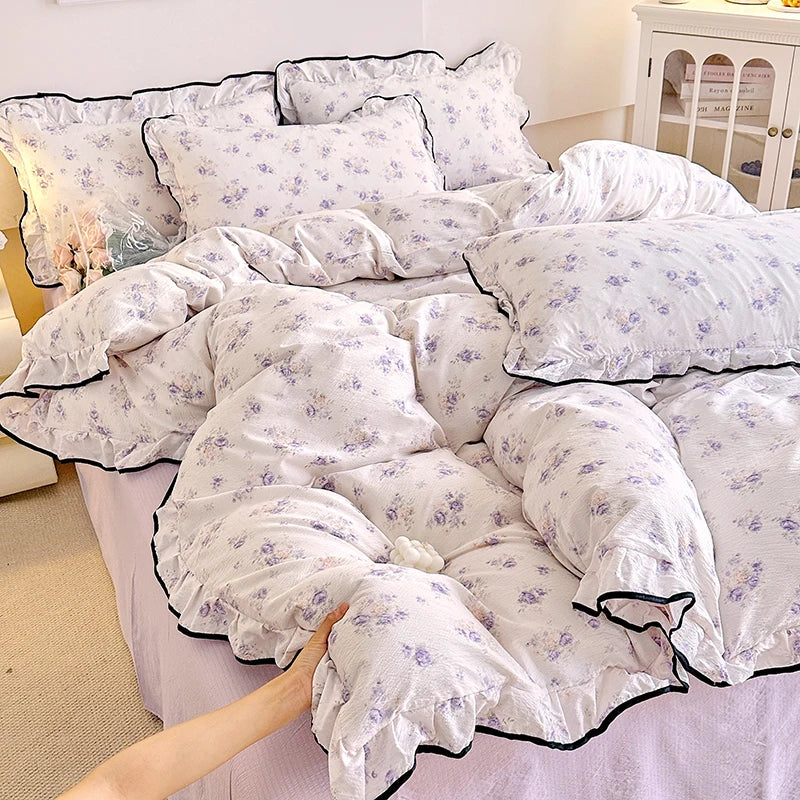 Heart Print Duvet Cover Set Princess Style Lace Ruffles Bedding Set