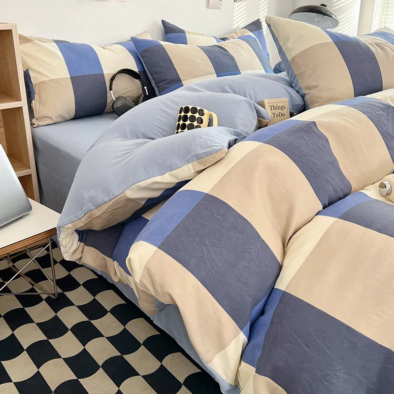Japanese Style Bedding Sheet Set No Filler Striped Grid Minimalist Duvet Cover Pillowcase Double Queen Washed Cotton Bed Linens