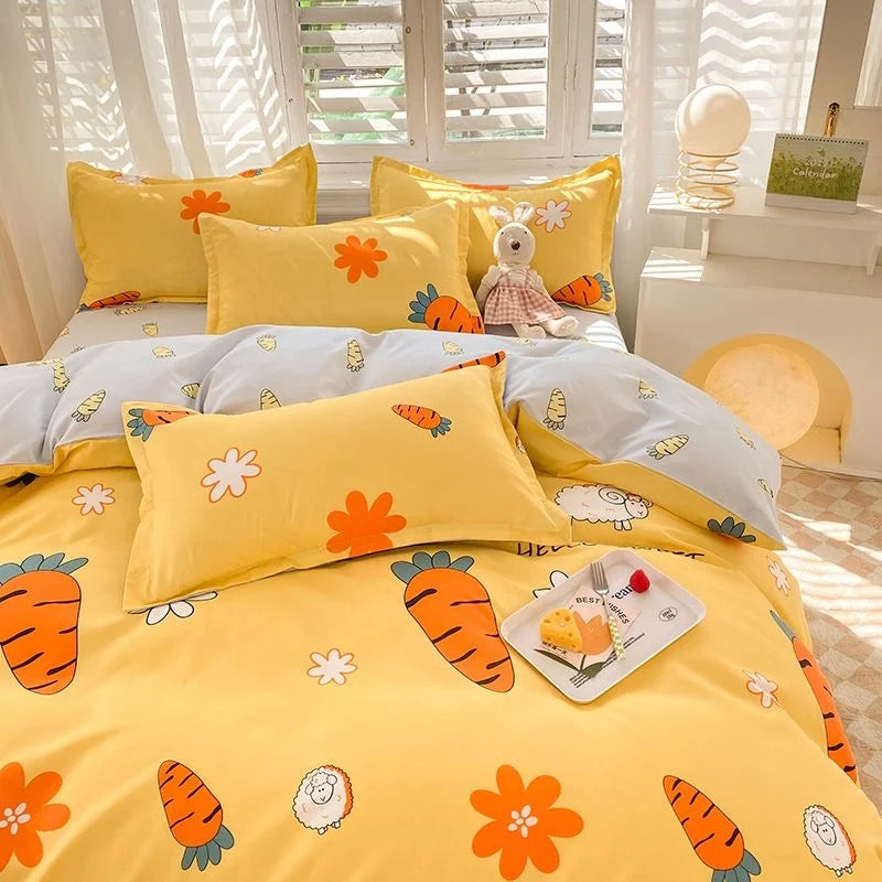 Ins Orange Checkerboard Duvet Cover Flat Sheet Pillowcases Twin Full Double Size Pink Blue Bedding Set
