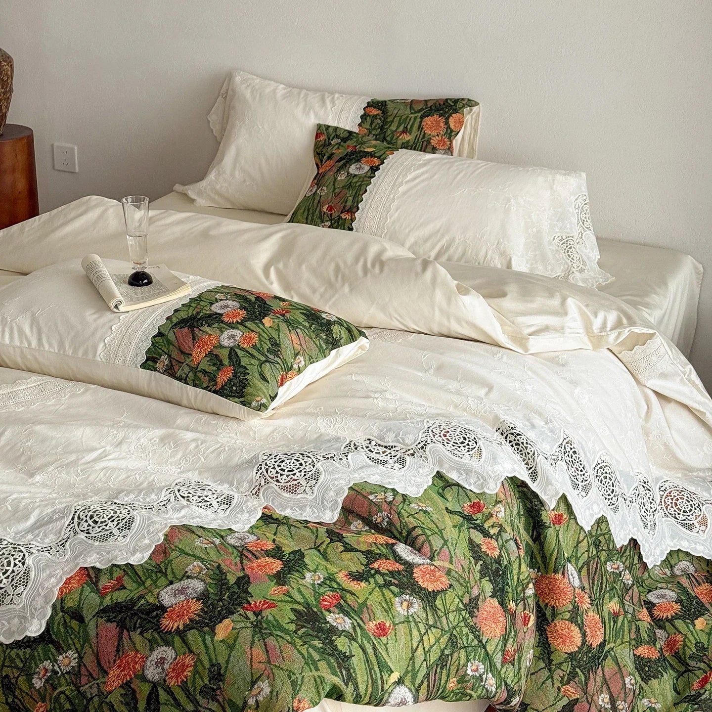 Vintage French-style Printed Patchwork Lace 1000TC Egyptian Cotton Bedding Set