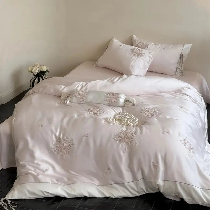 Pink Bouquet Flowers Embroidery Lace-Up Princess Bedding Set