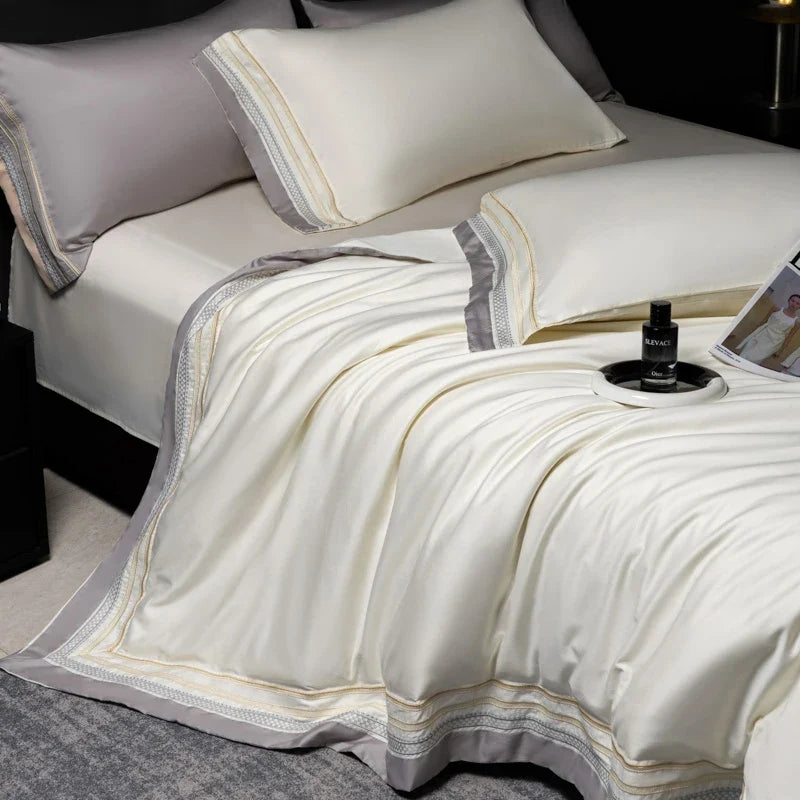 Luxury 600TC Long Staple Cotton Bedding Set, Cream White with Grey Embroidery Border, Soft Duvet Cover Flat Sheet Pillowcases