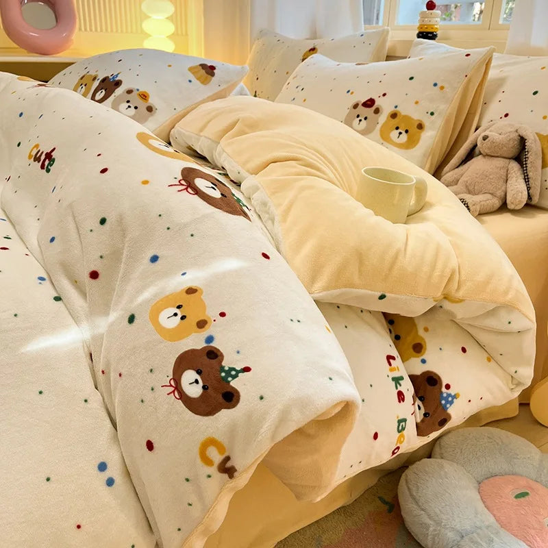 Cute Cartoon Winter Warm Quilt Cover Set Queen Bedding Set
