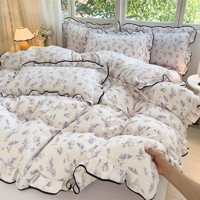 Heart Print Duvet Cover Set Princess Style Lace Ruffles Bedding Set