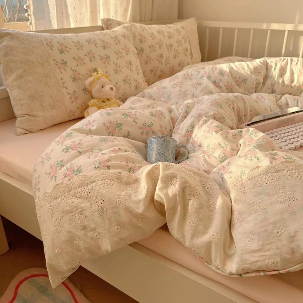 French Style Lace Trim Washed Cotton 4 Piece Bedding Set