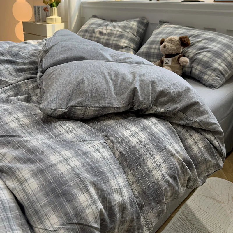 Simple Style Stripe Duvet Cover Set Bed Sheet Set Washed Cotton Bedding Set