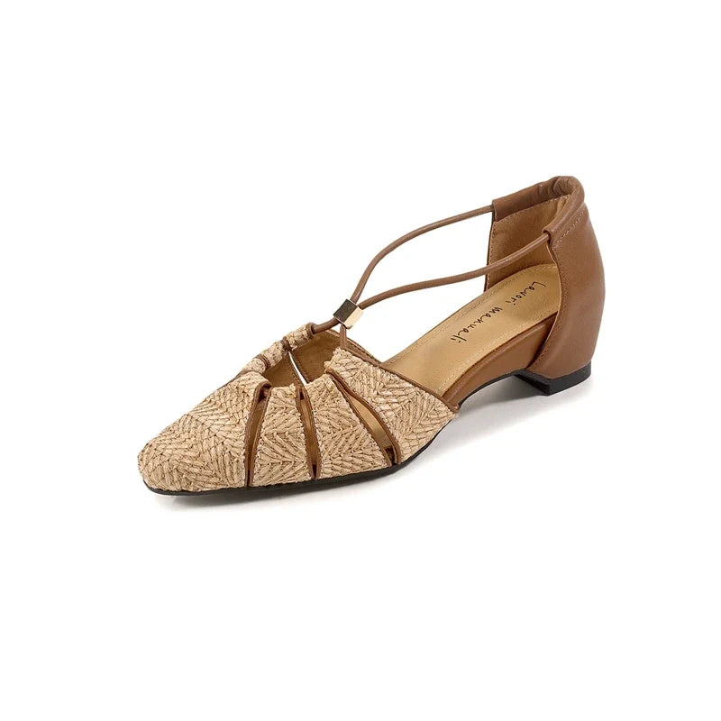 leather square toe high-heeled hollow breathable elastic band with toe cover Shoes