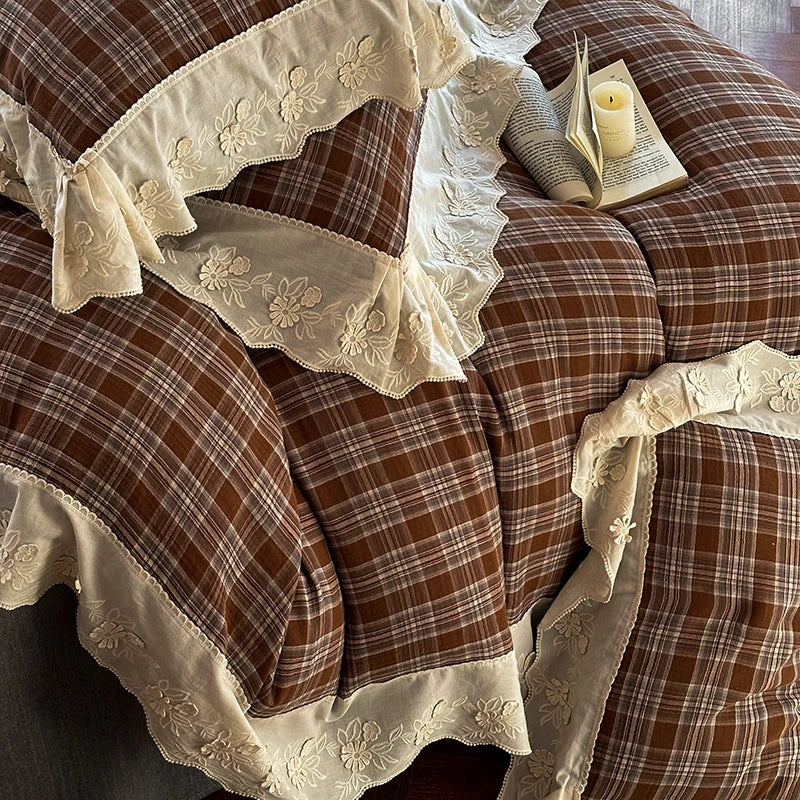 Vintage Plaid Flowers Lace Ruffles Bedding Set