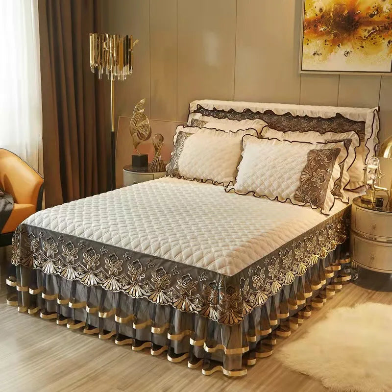 European Style Winter Lace Embroidery Bed Skirt Set High Quality Thickened Bed Cover Bedding Set