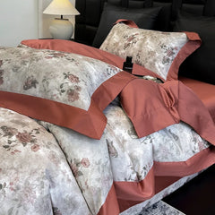 Luxury 600TC Egyptian Cotton Floral Bedding Set, Elegant Flower Duvet Cover Set with Contrast Border, Bed Sheet Pillowcases 4Pcs