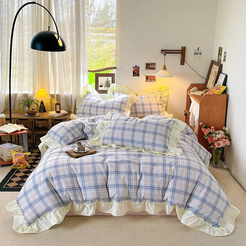 3/4Pcs Grid Stripes Ruffles Bedding Set
