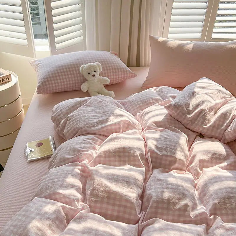 Ins Pink Plaid Bedding Set