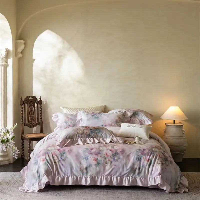 600TC Egyptian Cotton Flowers Print Ruffle Luxury Bedding Set
