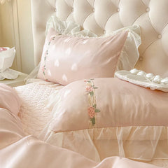 4Pcs Pure Cotton French Flowers Lace Ruffles Princess Wedding Bedding Set