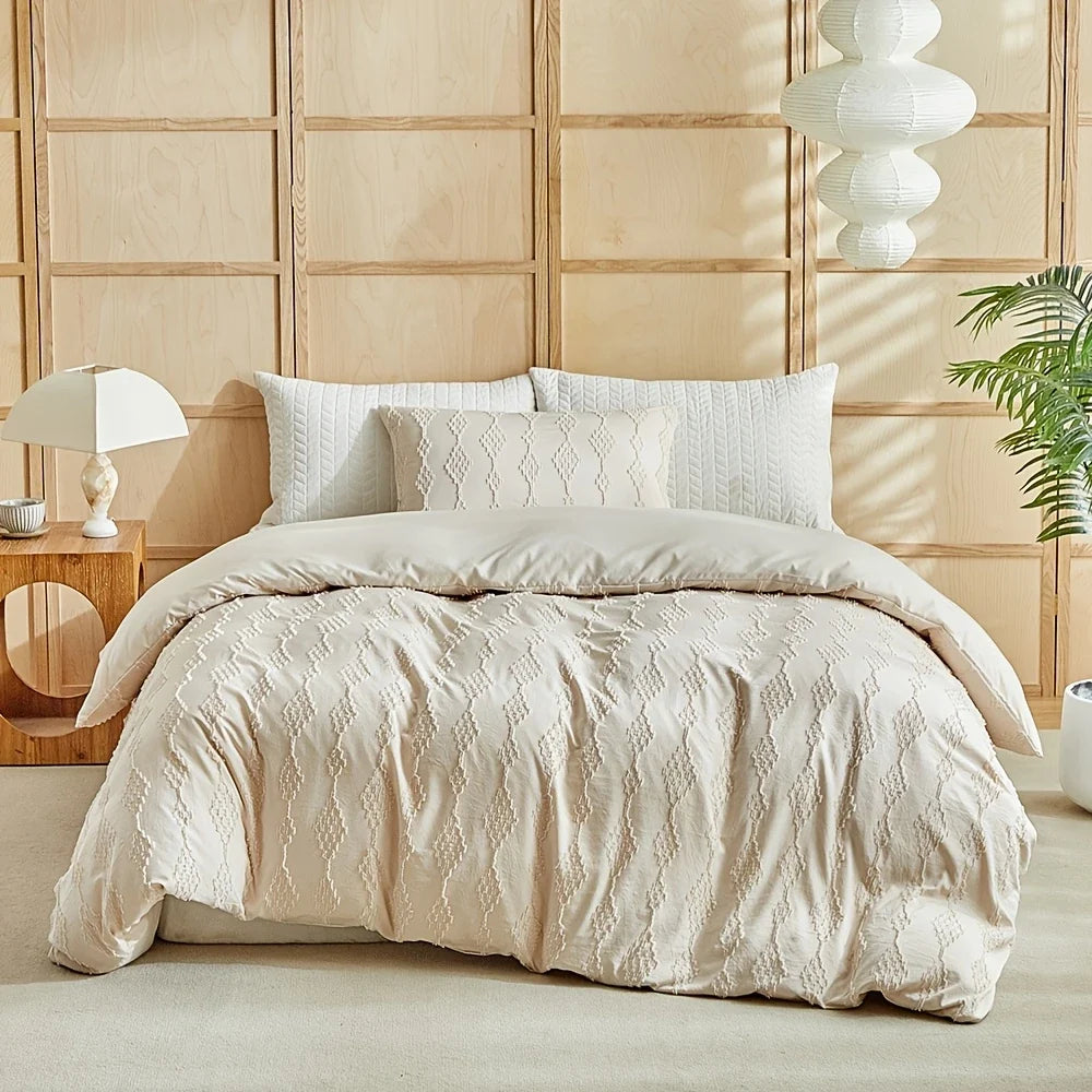 Tufted Boho Duvet Cover Set with Pillowcases Solid Color Soft Microfiber Bedding Set