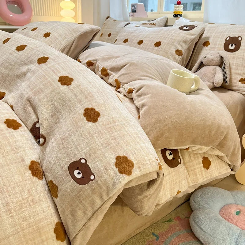 Cute Cartoon Winter Warm Quilt Cover Set Queen Bedding Set