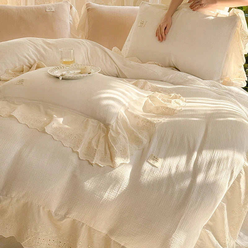 Vintage French Lace Ruffles 100% Cotton Double Yarn Soft Comfortable Bedding Set