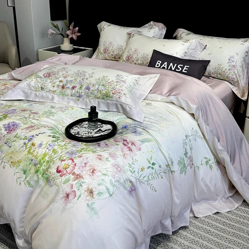 1000TC Lyocell Cotton Flowers Plant Prints Luxury Bedding Set