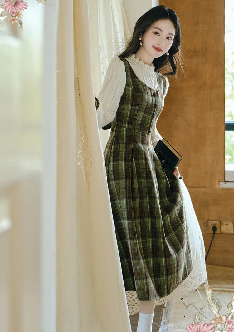 Harmony Plaid Wool Dark Academia Cottage Dress