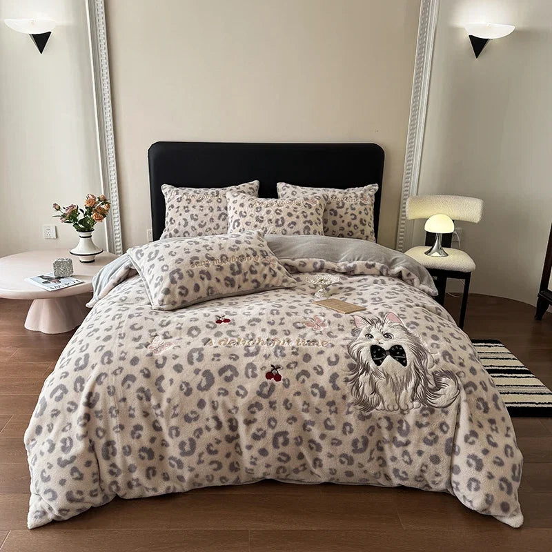 Pink Leopard Print Cute Cat Embroidery Velvet Warm Winter Bedding Set